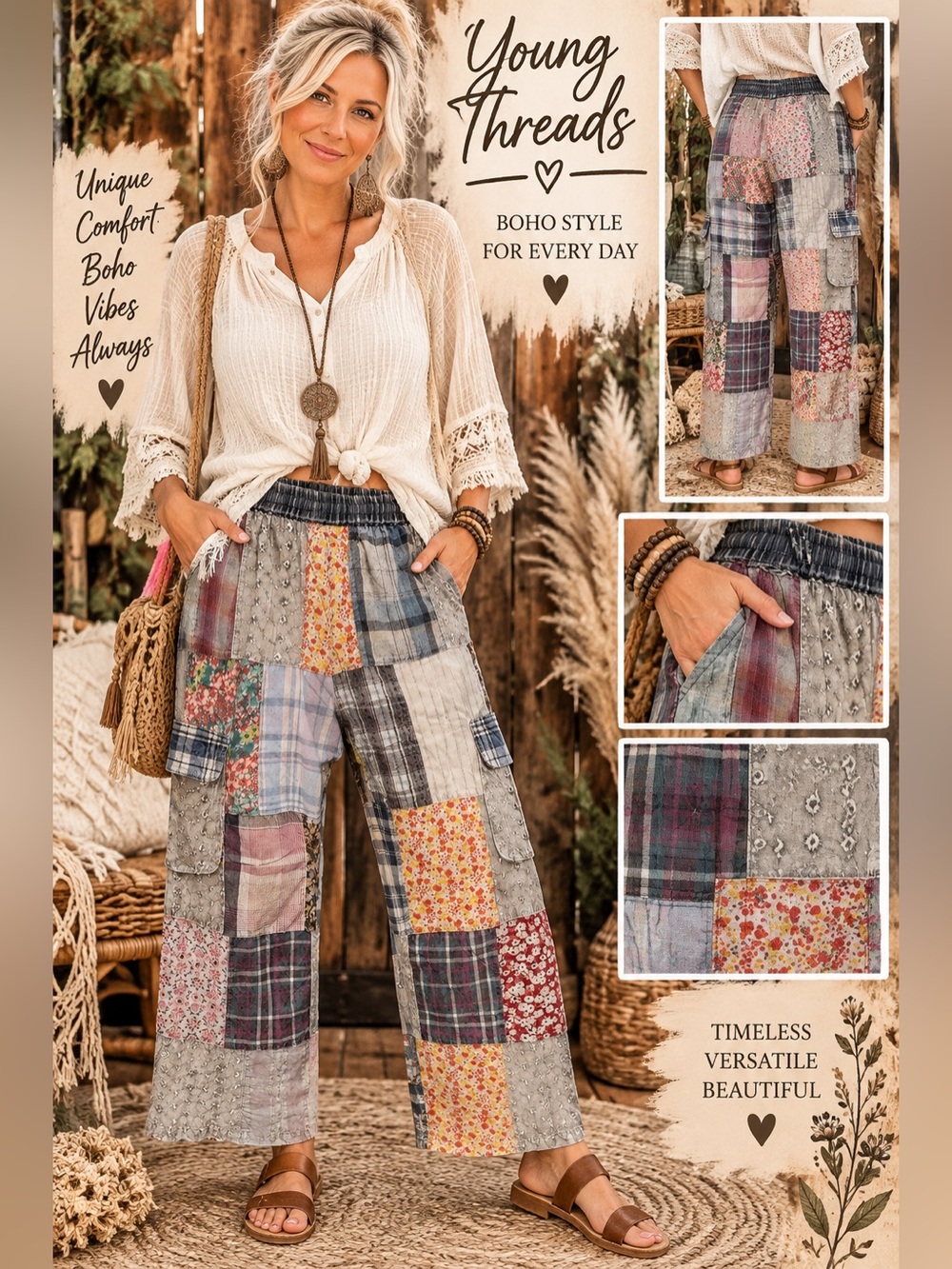 813. Young Threads Boho Patchwork Straight-Leg Pants in Multi